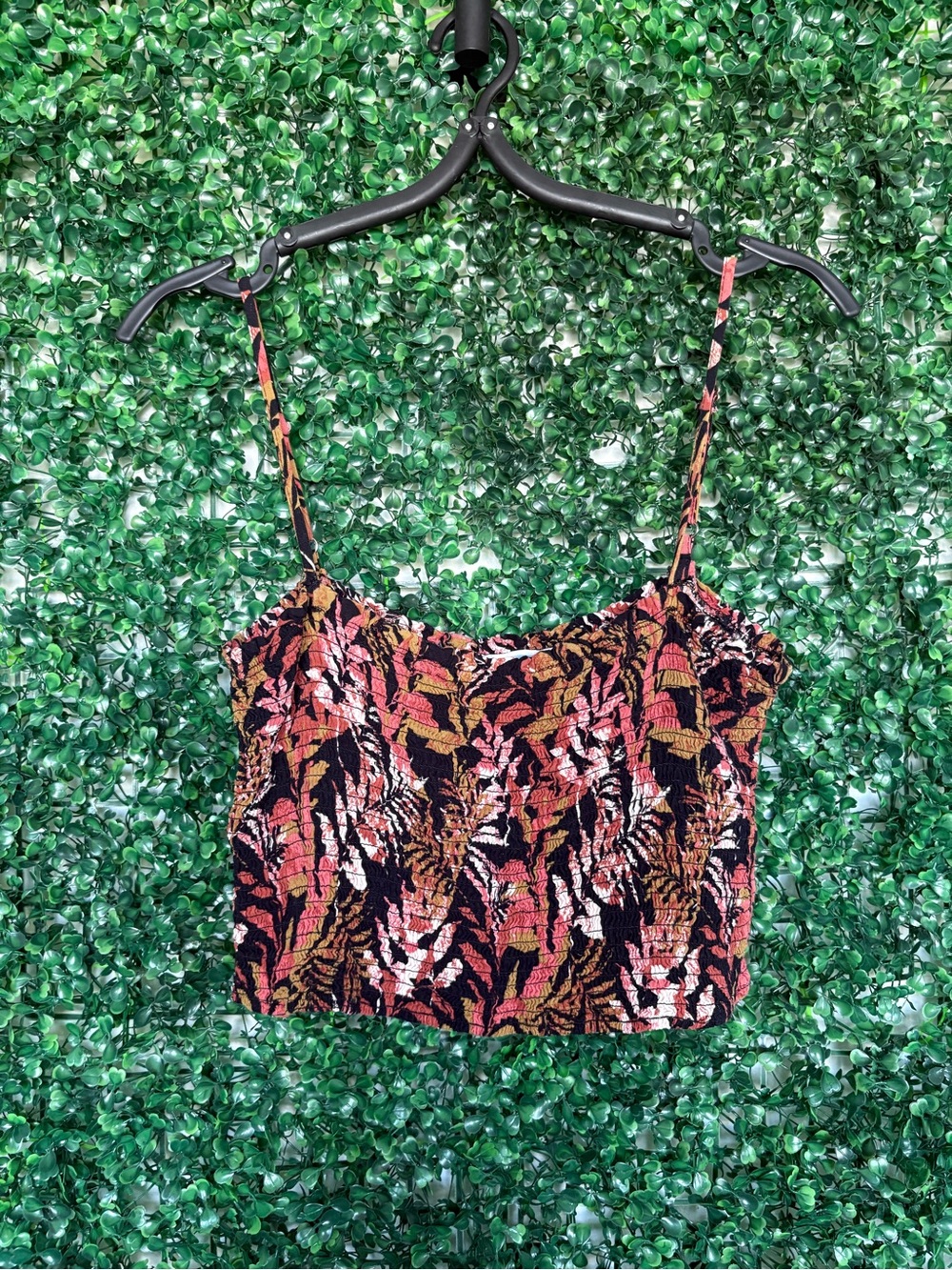 Blue Wren Floral Smocked Crop Cami in Black, Pink & Brown tropical print